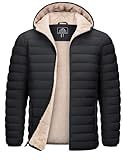 TACVASEN Puffer Jacket Men Warm Winter Jackets Sherpa Lined Water Resistant Thick Insulated Down Coats with Hood Black L