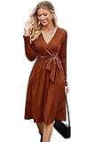 Newshows Womens 2025 Fall Dresses Teacher Church Business Casual Work Outfits Knit Midi Sweater Pockets Belt Dress(Caramel, L)