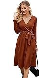 Newshows Womens 2025 Fall Dresses Teacher Church Business Casual Work Outfits Knit Midi Sweater Pockets Belt Dress(Caramel, L)