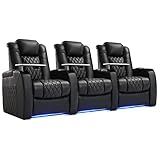 Weilianda Home Theater Seating Top Grain Leather Zero Gravity Recliner Chair Power Headrest Recline Movie Seat Gaming 7 Colors Mood Light Sofa with Tray Table USB Charge Row of 3 Black