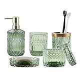 LaMarriti Green Bathroom Accessories Set, 5Pcs Clear Glass Bathroom Accessories, Hand Soap Dispenser, Soap Dish, Toothbrush Holder Set, Tumbler, Qtips Holder for Modern Bath Countertop Decor