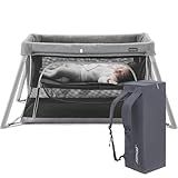 Gromast 2 in 1 Portable Travel Crib for Toddler, Foldable Crib for Baby, Lightweight Playpen Collapsible Playard with Soft Mattress, Easy to Carry Baby Travel Bed for Outdoor, Indoor (Grey)
