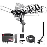 Amplified Outdoor TV Antenna-150 Miles+Long Range with UHF/VHF, 360° Motorized Rotation,Remote Control, Mounting Pole,and RG6 Cablle,Supports 4K, 1080P All Smart/Old TVs (Black)