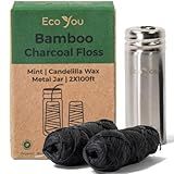 EcoYou Charcoal Bamboo Floss | 2 Non Toxic Natural Floss Refill with Metal Container | Organic Mint & Candelilla Wax | Vegan & Biodegradable | Compatible w/Similar Dental Floss Silk Refill Containers