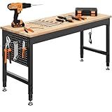 CAMMOO 60" Adjustable Heavy Duty Workbench, 2000 LBS Load Capacity Rubber Wood Work Table with Pegboard, Power Outlets, Work Bench for Garage, Workshop, Office, Home, Commercial