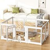 Acrylic Clear Dog Play Pen Indoors, Puppy Playpen with Door for Small Dogs Puppies, Transparent Plastic Pet Playpen Cage Fence Crate Kennel for Cat Kitten Rabbit Bunny Ferret etc (White-10 Panels)
