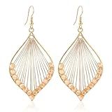 Boho Beige Dangle Earrings for Women Trendy,Gold Statement Drop Teardrop Earrings,Handmade Vintage Woven Long leaf Earrings Dangling,Birthday Gifts.