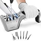 Longzon 5-in-1 Knife Sharpener 4 Stage with Cut-Resistant Glove, Quickly Sharpens & Restores Dull Blades, Easy & Safe for Home Kitchen Use, Fits Most Knives and Scissors, Black+Silver