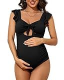 Charmo Women's Maternity Swimsuit One Piece Ribbed Push Up Pregnancy Bathing Suit Retro Ruffle Maternity Swimwear Black
