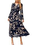 Simplee Women's Floral Boho Long Sleeve Maxi Dress V Neck Empire Waist Swing Flowy Wedding Guest Dress Navy Blue Floral M