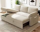AMERLIFE Sleeper Sofa, 2-in-1 Sofa Bed with Storage Chaise, Pull Out Sofa Couch for Living Room, Guest Room, Linen Beige