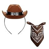Haakong Cowboy Hat Headband Cowgirl Mini Hat Headbands with Bandana for Women Halloween Birthday Party Favor (Cowboy, Brown)