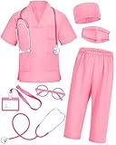 ICECUTE Doctor Scrubs for Kids,7 Pcs Scrubs Costume with Accessories,Halloween Costume for Boy Girls,3-11 Years (Pink, 10-11Years)