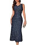 BeryLove Sequin Formal Sparkly Homecoming Gowns Evening Party Cocktail Bodycon Midi Wedding Guest Dresses Long Sparkle Sleeveless Prom Ruched Cowl Neck Dress 0035 Navy S