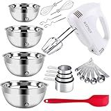 5-Speed Electric Hand Mixer, 4 Large Mixing Bowls Set, Handheld Mixers with Whisks Beater, Stainless Steel Metal Nesting Bowl Measuring Cups Spoons Kitchen Cake Blender for Baking Supplies