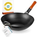YOSUKATA 13.5" Carbon Steel Wok Pan – Pre-Seasoned Flat Bottom Pow Wok for Stir Fry, BBQ, Grill & Camping – Traditional Japanese Chinese Cookware – Compatible with Induction, Electric, Gas, Open Fire