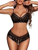 Avidlove Womens Lingerie Set 2 Pieces Bra and Panty Sets Lace Babydoll Nightgown Outfits Black S