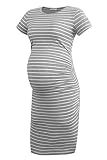 Smallshow Women's Short Sleeve Maternity Dress Ruched Pregnancy Clothes Medium Light Grey Stripe
