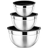 P&P CHEF Black Mixing Bowls with Lids, Set of 3, Stainless Steel Salad Nesting Bowl for Mixing, Storing, Prepping, Airtight & Stackable, Size 4.6/3 /1.5 QT