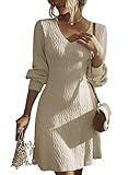 Dokotoo Womens Fall Wedding Guest Dresses for Women Winter Clothing 2025 Business Casual Work Long Sleeve V Neck Knit Thanksgiving Dress Ladies A Line Sweater Dress Beige Dresses for Women M
