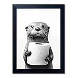 Bathroom Picture Wall Decor, Framed Black and White Bathroom Wall Art, Toilet Paper in Little Funny Raccoon's Hand Animal Canvas Print Painting