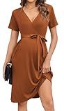 Ekouaer Women V Neck Maternity Dresses Short Sleeve Nursing Midi Dresses Ribbed Knit Pregnancy Clothes with Pocket Caramel M