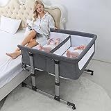 Ihoming Twin Bassinets for Baby, Double Bassinet Bedside for Twins, Double Bassinets Sleeper for 2 Babies, Infant Co Sleeper Bedside Crib Attaches to Bed, Deep Grey