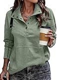 SHEWIN Womens Sweatshirt Casual Long Sleeve Lightweight Sweatshirts Loose Button V Neck Pullover Tops Fall Clothes for Women 2025,US 4-6(S),Green