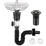 iFealClear Bathroom Sink Drain Kit, Flexible P-Trap Drain Pipe with Pop Up Stopper, Expandable Bathroom Sink Pipe Replacement with 2 Adapters, Fits 1-1/4'', 1-1/2'', 2" Holes, Hair Catcher, Black