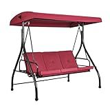 VEVOR 2 in 1 Outdoor Porch Swing for Adults, 3-Seat Patio Swing Chair with Adjustable Canopy & Cushions for Backyard, Garden, Poolside, Burgundy