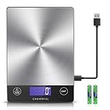 CROWNFUL Food Scale, Rechargeable 304 Stainless Steel Digital Kitchen Scale Upto 33lb Weight Grams and Ounces with LCD Display and Type-C Charging for Baking and Cooking