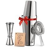Mixology & Craft Boston Shaker Set with Weighted Martini Shakers | Cocktail Shaker Set Includes Strainer and Japanese Jigger | Great Gift Bar Set with Exclusive Recipe Cards | Leak-Proof (Silver)