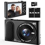 Digital Camera 4K, 64MP Autofocus Vlogging Device 16X Zoom, Compact Point and Shoot, Anti-Shake, Small Travel Camera for Adult Beginners and Teens, 32GB Card, 2 Batteries (Modern, Black)