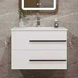 Chyanmoo 30 Inch Floating Bathroom Vanity - White Modern Wall Mounted Vanity with Sink, Soft-Close Two Drawers, Black Handles & Smooth Motion Glides (White, 30")