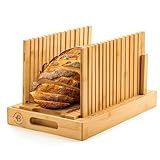 Bambüsi Upgraded Bread Slicer for Homemade Bread - Adjustable Bamboo Bread Cutter Board, Foldable Slicing Guide with Crumb Tray for Sourdough, Artisan Loaves, Bagels, Cakes, Bakery Kitchen Gadget Gift