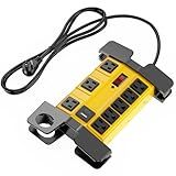 FENJIKRONIX 8 Outlet Heavy Duty Surge Protector Power Strip with USB Ports, 15A 2000J, Metal Industrial Power Strip with 6FT Extension Cord Flat Plug, for Garage, Workshop, Workbench (Yellow 6FT)