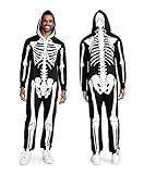 Tipsy Elves Halloween Skeleton Costume for Men - Comfy Adult Skeleton Jumpsuit with Hood - Men's White Bones Jumpsuit Halloween Costume with Full Zip Hood Size Large