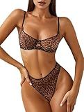 Lilosy Sexy Mesh Sheer Underwire Push Up Women Lingerie Set Cheetah See Through Bachelorette Bra Panty 2 Piece Leopard Medium