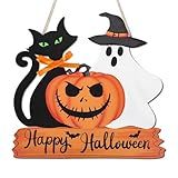 Happy Halloween Door Sign Wooden Ghost Pumpkin Black Cat Door Wreath Halloween Hanging Decorations for Porch Wall Supplies (Classic)