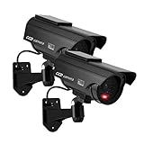 YSUCAU Solar Powered Bullet Dummy Fake Simulated Surveillance Security CCTV Dome Camera Indoor/Outdoor Use with Flashing Red LED Light & Warning Security Alert Sticker Decal, 2 Packs, Black