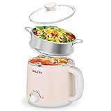 Dezin Hot Pot Electric with Steamer, Rapid Noodles Cooker, Stainless Steel Electric Pot 1.6 Liter, Perfect for Ramen, Egg, Dumpling, Soup, Oatmeal with Temperature Control and Keep Warm Function