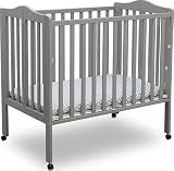 Delta Children Folding Portable Mini Baby Crib with 1.5-inch Mattress - Greenguard Gold Certified, Grey