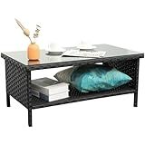 Outdoor Wicker Coffee Table Patio Furniture Garden Rattan 2-Layer Glass Table with Storage and Furniture Cover, Black