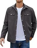 COOFANDY Men's Lightweight Jackets Lapel Coller Shacket Canvas Chore Jacket With 2 Flap Pocket Button Down Overshirt Grey