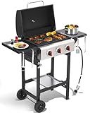 GRILL DEPOTS Propane Gas Grill with Folding Side Tables, 3-Burner Gas Grill with Cast Iron Grates and Stainless Steel Griddle Pan, Outdoor BBQ Grill Portable with Wheels 30000 BTU Output