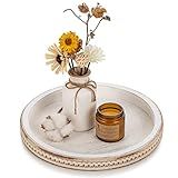 Hanobe Round Wooden Decorative Tray: White Washed Bead Tray Decor for Coffee Table Centerpiece Rustic Farmhouse Tray for Kitchen Counter Living Room Easter Decoration