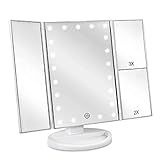 deweisn Floor Mount Tri-Fold Lighted Vanity Mirror with 21 LED Lights, Touch Screen and 3X/2X/1X Magnification, Two Power Supply Modes Make Up Mirror,Travel Mirror