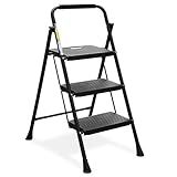 HBTower Step Ladder, Folding Step Stool with Wide Anti-Slip Pedal, Sturdy Steel Ladder, Convenient Handrail, Lightweight, Portable Steel Step Stool