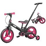 JMMD 6 in 1 Toddler Bike with Push Handle for Kids 18-60 Months, 12" Foldable Balance Bike with Training Wheels, Pedals, Brakes, Kickstand, Push Tricycle Toddler Gift & Toys for Boy & Girl