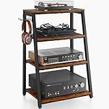 4-Tier AV Media Stand with 2 Hooks,Heavy Duty Stereo Cabinet Furniture-Large Stereo Rack and Game Console Stand,Wooden Record Player Stand,Audio Stand Perfect for DVD Players/Game Console/TV Box/Xbox
